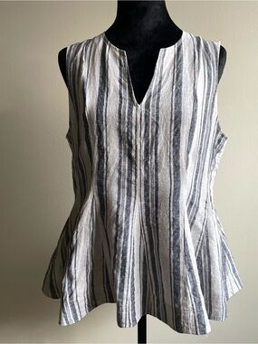 Core Life 100% Linen Sleeveless Top Natural Oatmeal Gray Stripe Size M